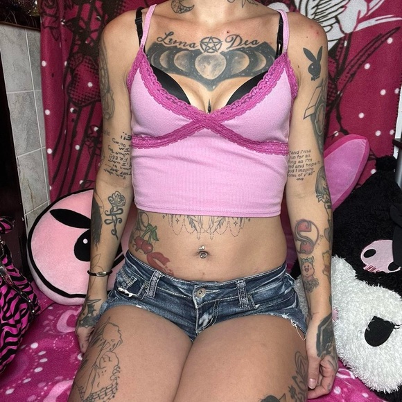 Light And Hot Pink Lace Trim Cropped Tank Top Size Medium - Picture 1 of 5